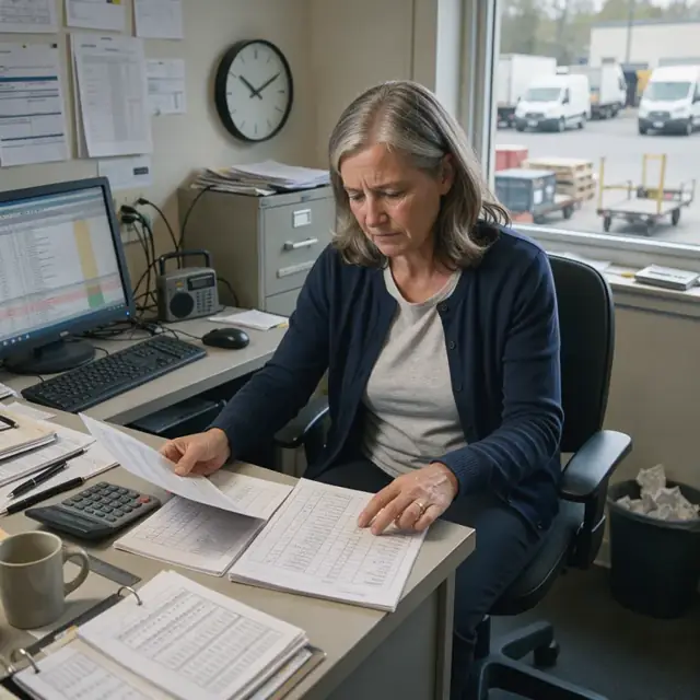a coordinator reviewing commercial traffic logs and rate cards at a desk with a wall clock in the background