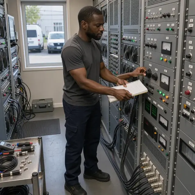a broadcast engineer checking dials and readouts on a transmitter rack inside an equipment room