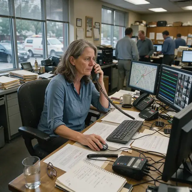 a cluttered assignment desk covered with monitors, police scanners and printed story tip sheets under warm overhead lights