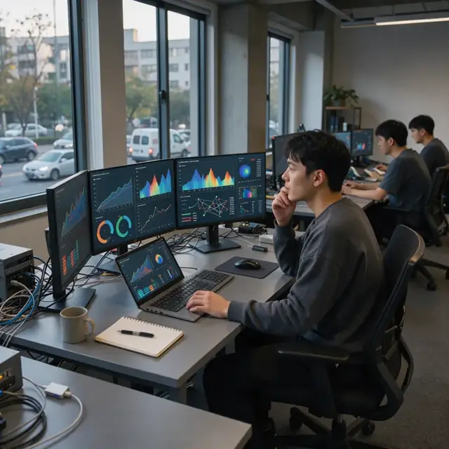 an analyst studying colorful data visualization graphs on multiple screens in a dimly lit analytics office