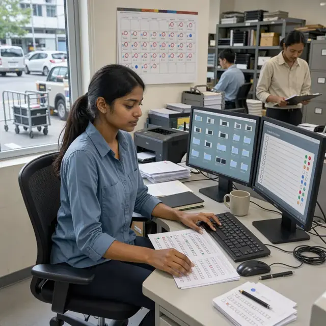 a coordinator organizing digital files and checklists on dual monitors beside a wall calendar marked with renewal dates