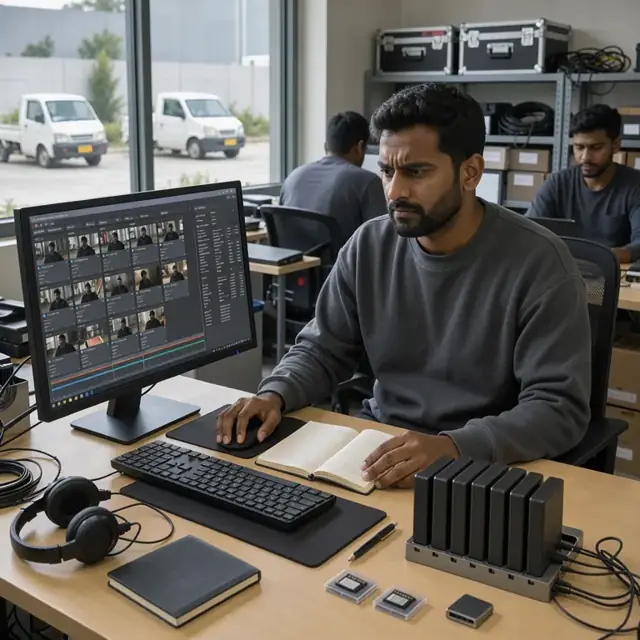 a media librarian reviewing video thumbnails and metadata fields on a large monitor next to a row of external hard drives on a desk