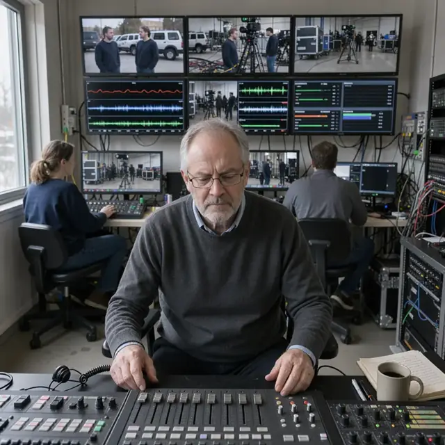 a technical director seated in front of a wall of monitors showing live video feeds, waveform displays and status dashboards