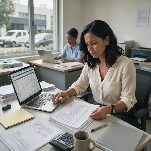 an accountant reviewing spreadsheets and contract excerpts on a laptop at a desk with printed royalty reports