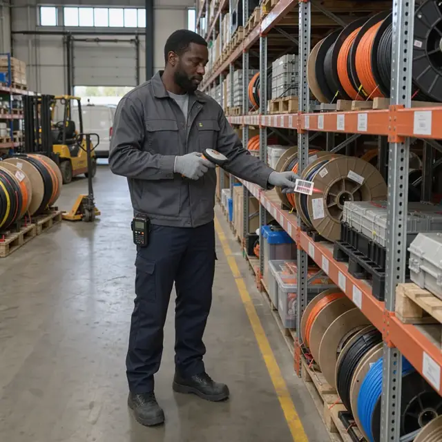 a worker in a warehouse aisle scanning barcodes on reels of fiber optic cable and splice enclosures stored on metal shelving