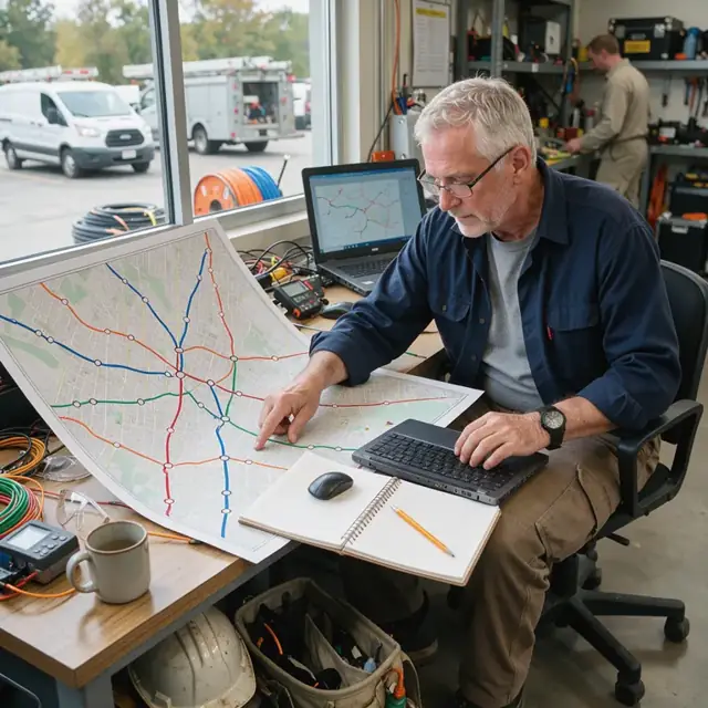 a worker at a desk reviewing a large wall map marked with colored fiber routes while entering details into a laptop