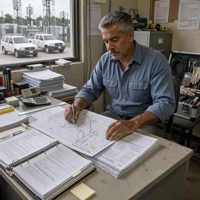 a desk covered with printed FCC forms, tower registration maps and open binders of compliance documentation
