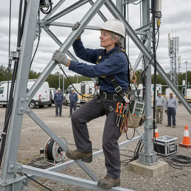 a technician in a hard hat and harness climbing a lattice tower with tools and test equipment at their belt
