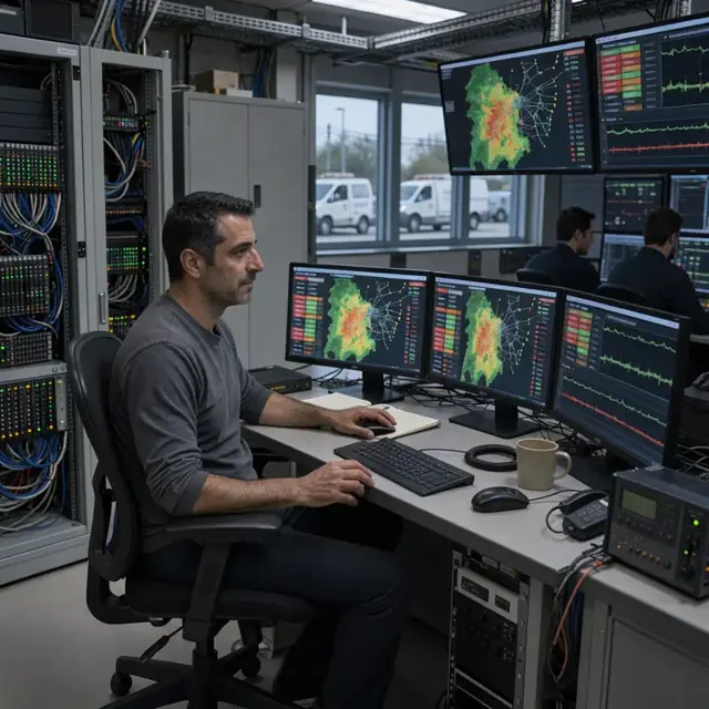 a network operations worker at multiple monitors displaying signal strength maps and alarm lists in a dimly lit control room
