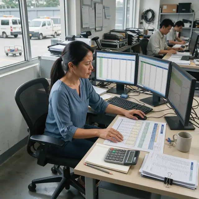 an analyst reviewing detailed usage spreadsheets on multiple monitors with carrier rate tables and a calculator on the desk