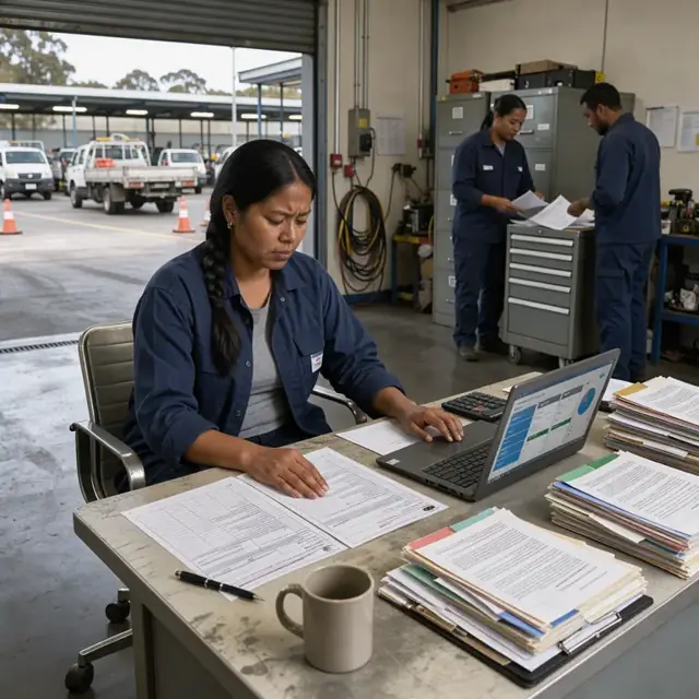 a desk with open regulatory forms, a laptop displaying a reporting dashboard, and stacks of carrier agreement folders