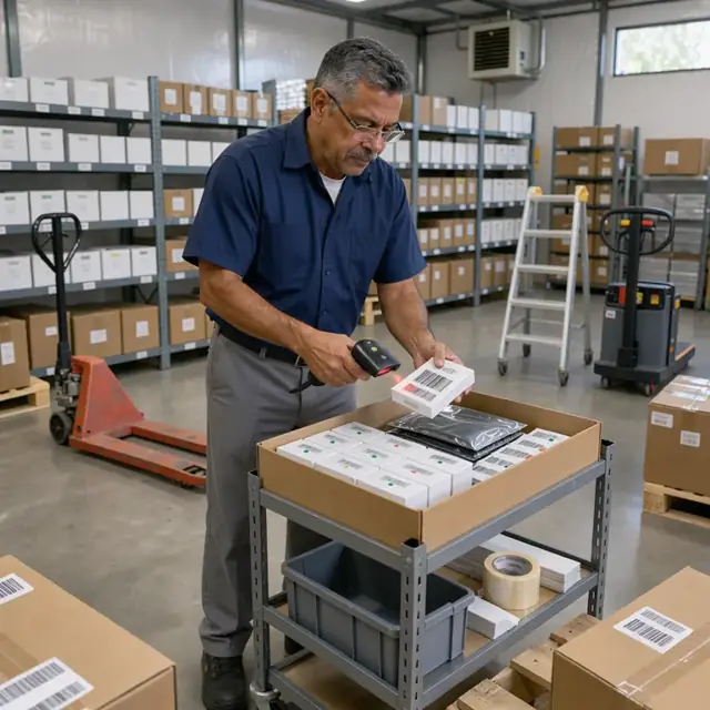 a worker scanning barcodes on boxes of phones and SIM cards inside a climate-controlled storage room