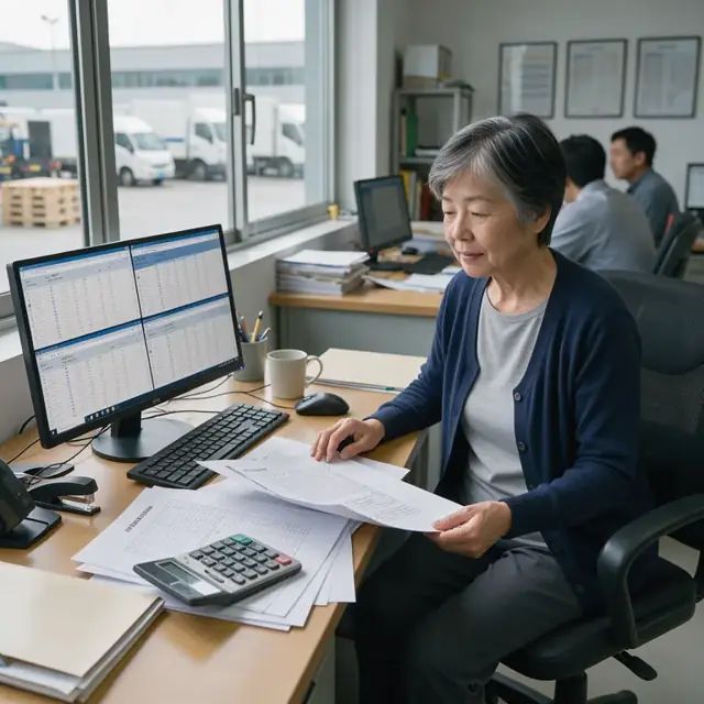 a workspace with multiple carrier portal screens open on a monitor next to printed commission reports and a calculator