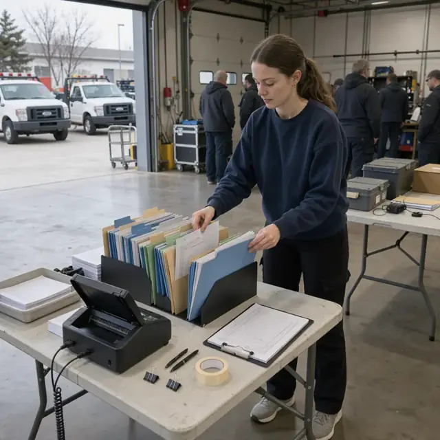 a filing station with organized folders of activation paperwork, a scanner and a checklist clipboard on the desk