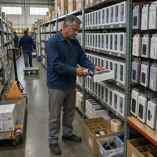 a stock room shelf with rows of boxed smartphones and accessory packages being scanned with a handheld inventory device