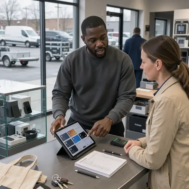 a sales counter with wireless device display cases and a tablet showing customer plan options next to a stack of activation forms