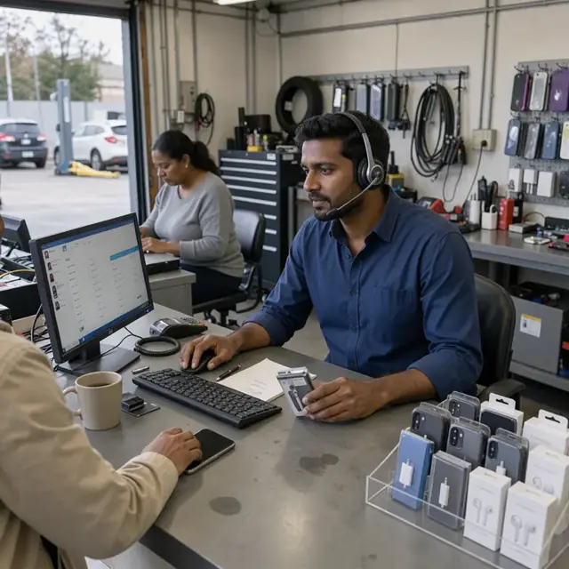 a customer service station with a headset, computer monitor showing account details and a display of phone accessories