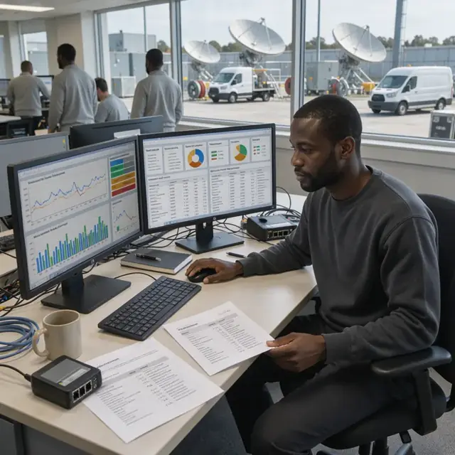 a worker reviewing network performance charts and service reports on dual monitors in an office overlooking satellite dishes