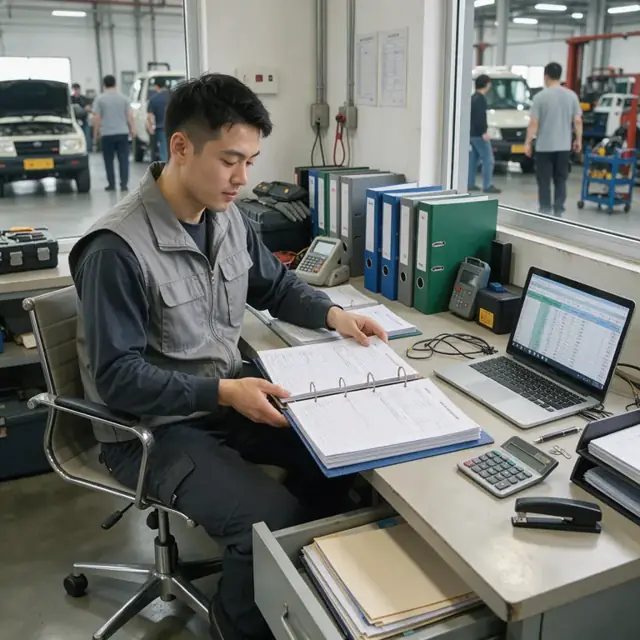 a technician at a desk organizing binders of licenses, maintenance logs and test results next to a laptop displaying a billing worksheet