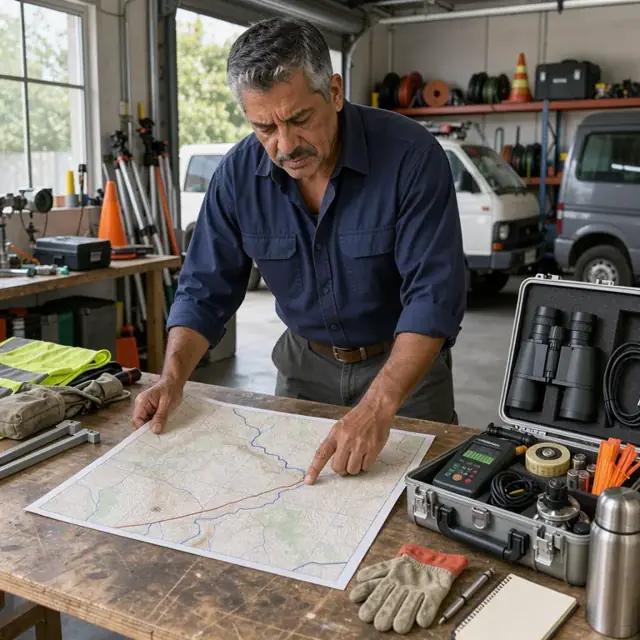 a technician at a workbench reviewing a topographic map while preparing a survey kit with binoculars and a signal meter