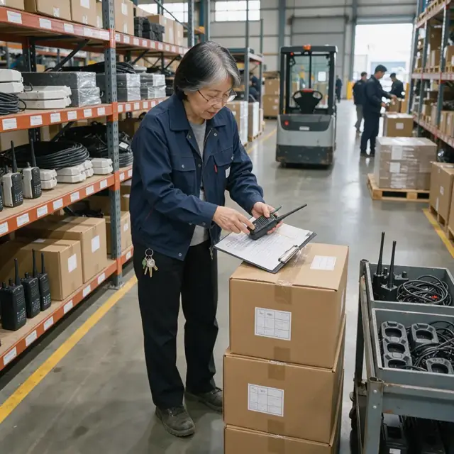 a technician in a warehouse aisle checking antenna boxes and radios against a printed equipment list