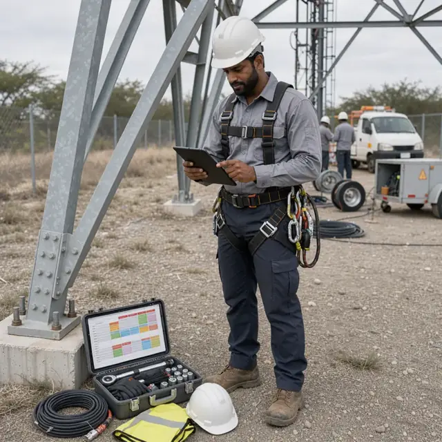 a technician wearing a harness reviewing a tower climbing schedule on a tablet at the base of a lattice tower