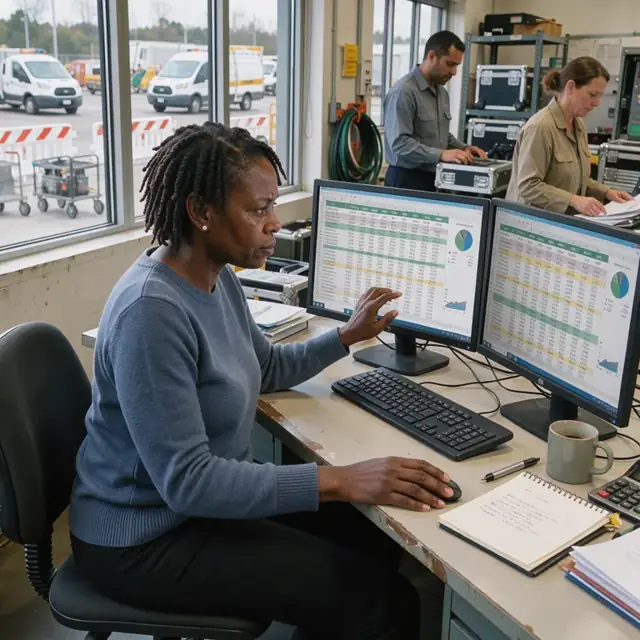 an analyst reviewing rows of usage data and cost breakdowns on a large spreadsheet displayed across two monitors