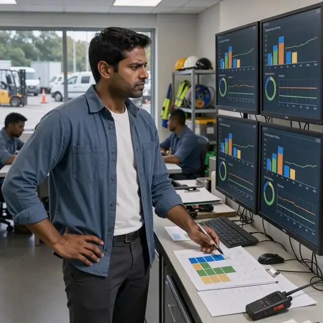 a planner reviewing colorful utilization graphs and capacity trend lines on multiple wall-mounted monitors