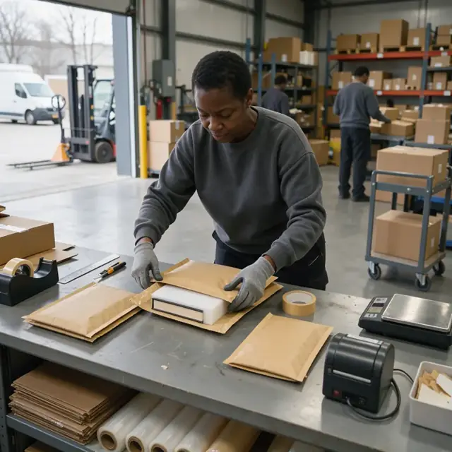 a worker at a shipping station wrapping a padded mailer containing a book around a foam insert on a counter