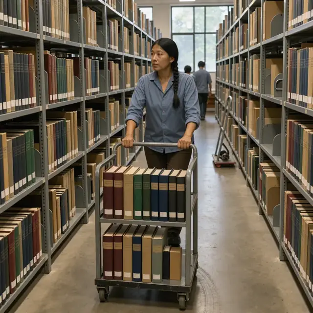 a worker pushing a book cart along a narrow aisle between tall metal shelving units filled with bound volumes