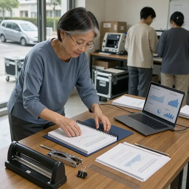 a researcher preparing a bound research report packet on a wooden table beside a laptop showing search result graphs