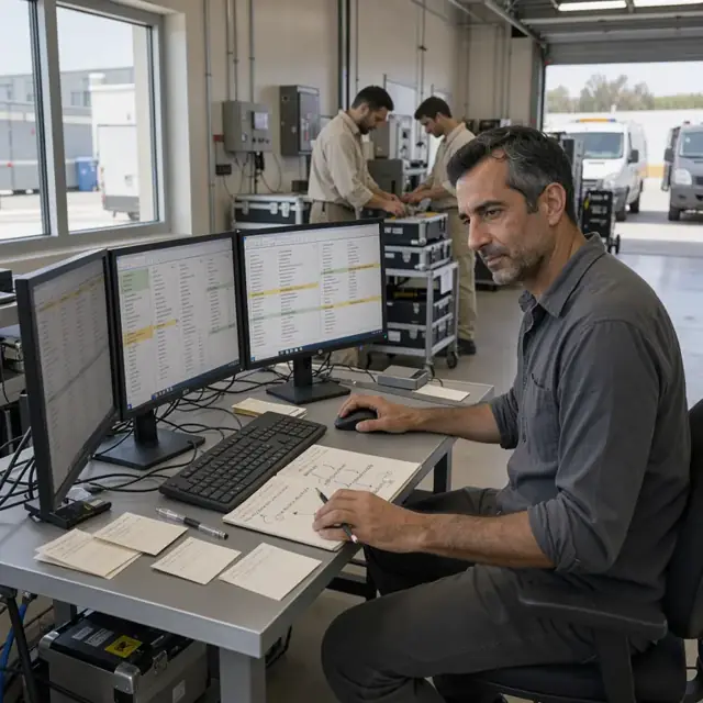 a research workstation with multiple monitors displaying parsed search terms and a notepad with handwritten synonyms beside a keyboard
