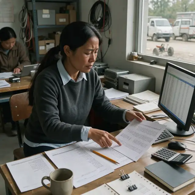 a researcher comparing spreadsheet columns of database usage logs against printed vendor invoices at a desk