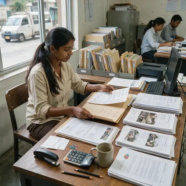 a worker at a large wooden desk sorting stacks of financial statements, tax returns and appraisal reports into labeled folders
