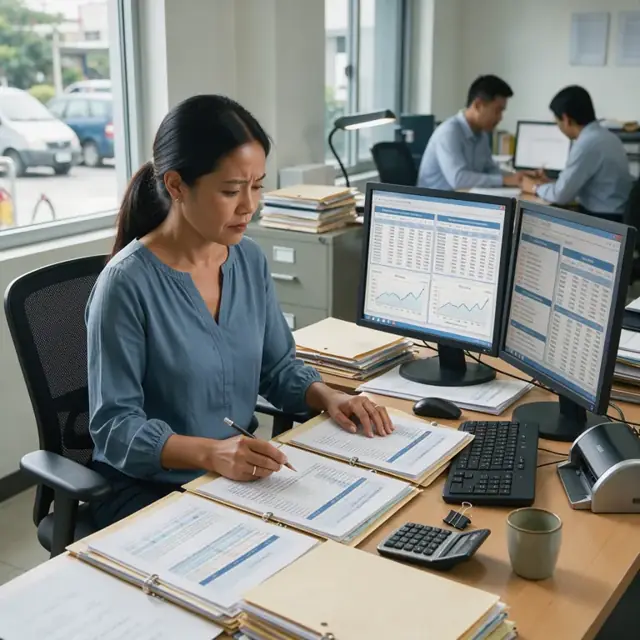 a worker reviewing covenant compliance reports and financial statements on dual monitors with loan files open