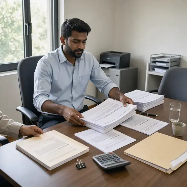 a worker at a conference table arranging stacks of loan documents and disclosure forms in preparation for a closing appointment
