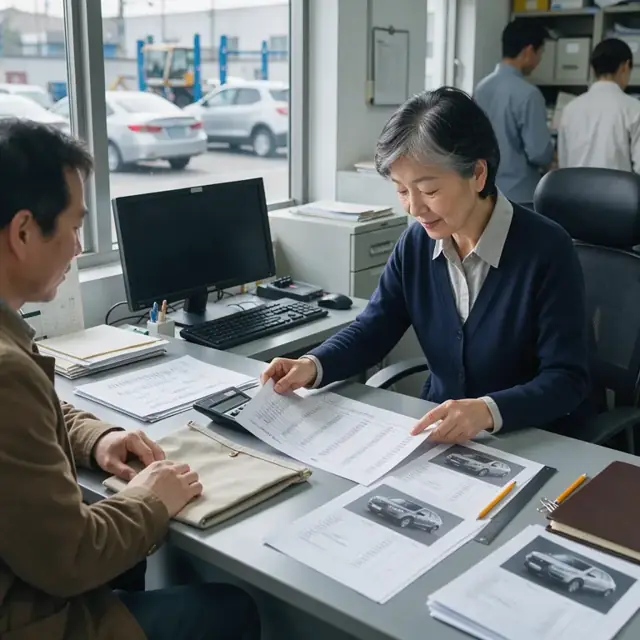 a worker examining printed credit reports and income statements spread across a large desk with a calculator and vehicle valuation printouts