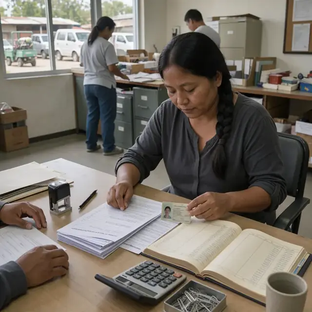 a worker at a desk reviewing membership application forms and identification documents next to an open account ledger book