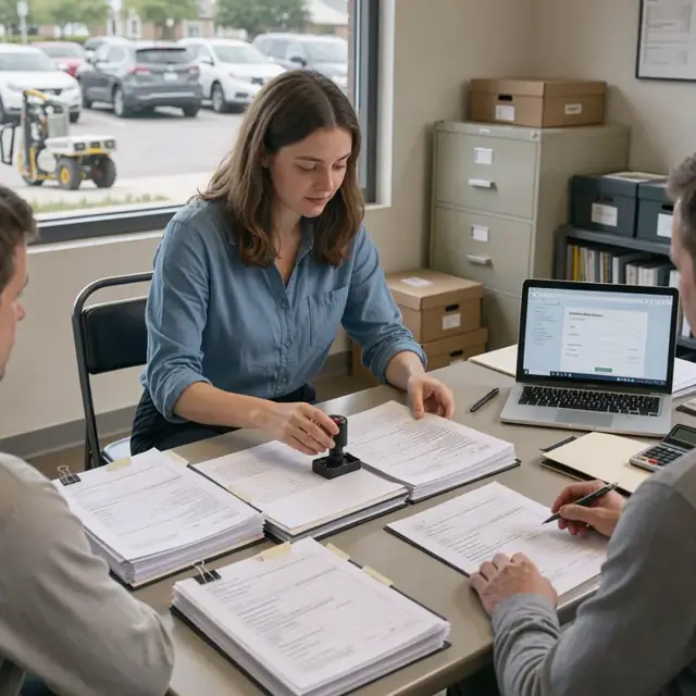 a worker at a closing table with stacks of loan documents, a notary stamp and a laptop displaying a wire confirmation screen