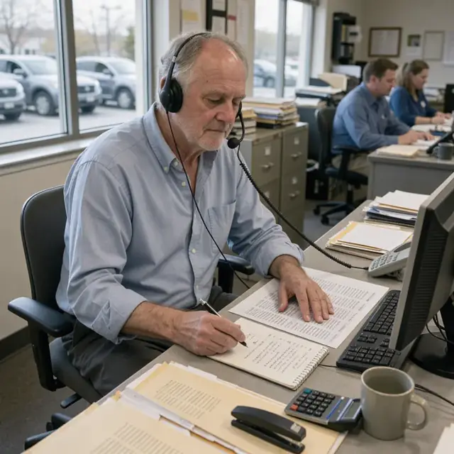 a worker at a collections desk with loan payment history printouts, a telephone headset and a notepad outlining borrower contact attempts