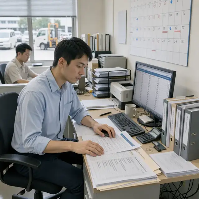 a worker at an office desk with binders of regulatory checklists, a computer screen showing loan data fields and a wall calendar marked with filing deadlines