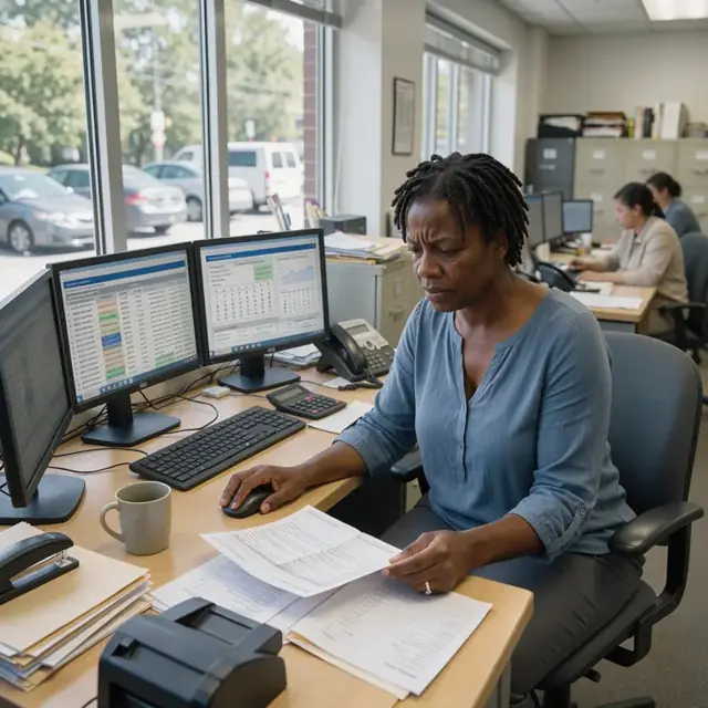 a worker at a workstation with multiple monitors showing loan payment histories, escrow balances and tax payment calendars