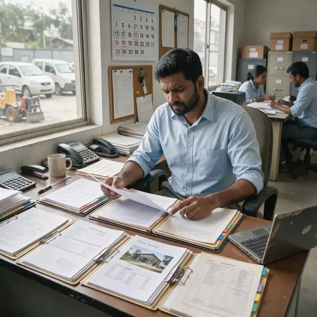 a worker at a desk covered with open loan files, an appraisal report, title commitment and a wall calendar showing regulatory deadlines