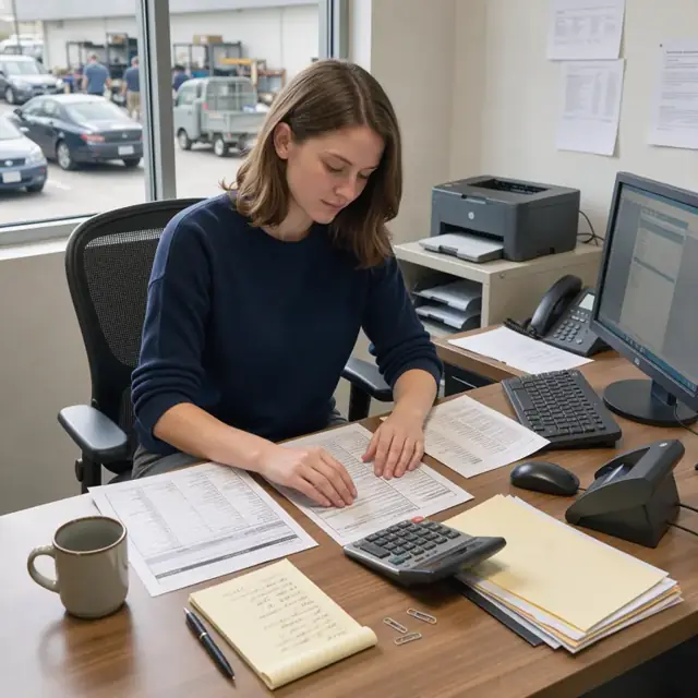 a worker at a desk reviewing printed credit applications and credit reports spread across a workspace with a calculator and notepad