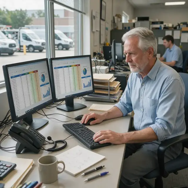 a worker at a desk with dual monitors showing account aging reports and a headset ready for outbound calls
