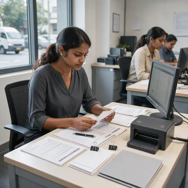 an analyst examining transaction receipts and dispute forms arranged on a desk next to a secure document scanner