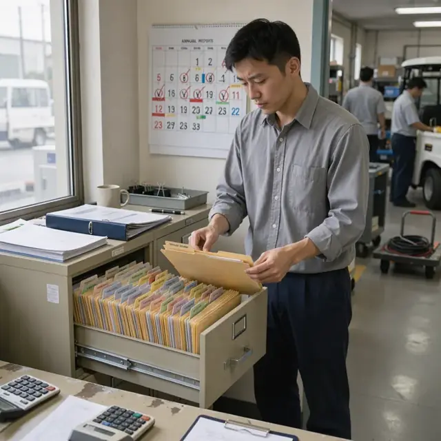 a filing cabinet open with labeled folders for each state license, a binder of annual reports and a wall calendar marked with renewal deadlines