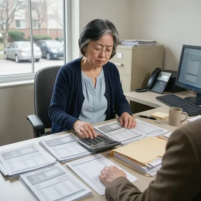 a workspace with multiple credit reports printed, a calculator, rate sheets and a loan file folder on the desk