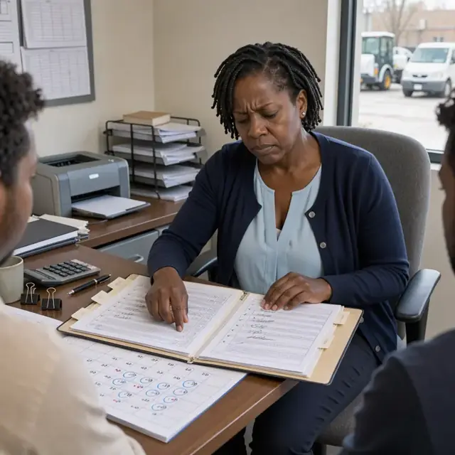 a closing coordinator reviewing signed loan documents in a folder beside a calendar marked with closing dates