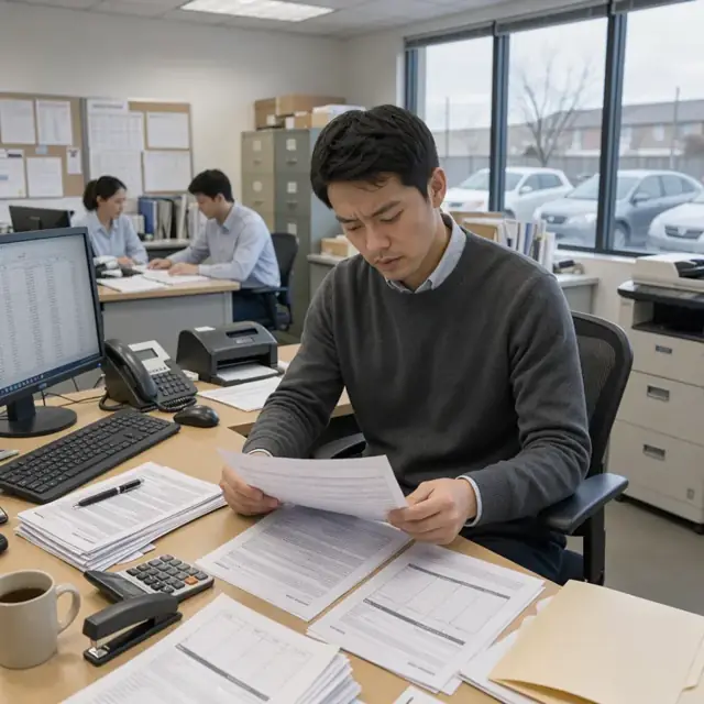 an administrator reviewing an escrow statement printout while checking tax bills and insurance declarations in an office